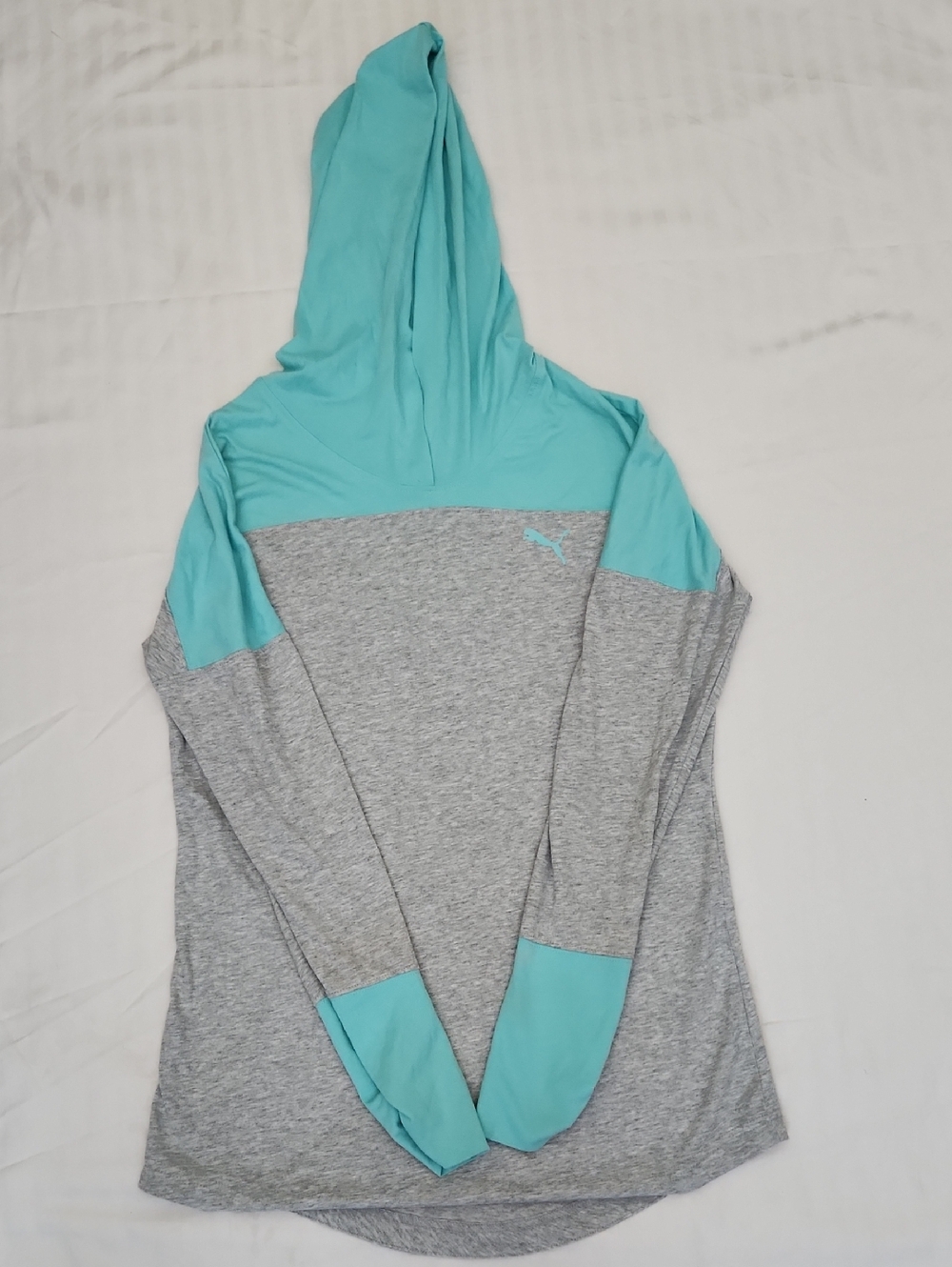 Puma Teal and Gray Hooded Long Sleeve Colorblock Top